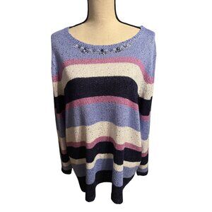 Alfred Dunner Purple Sweater Striped Sequin  Soft 3/4 Sleeve Soft Shiny Size 2X
